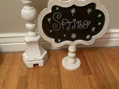 Turned Wood Candle Holder & Chalkboard Sign