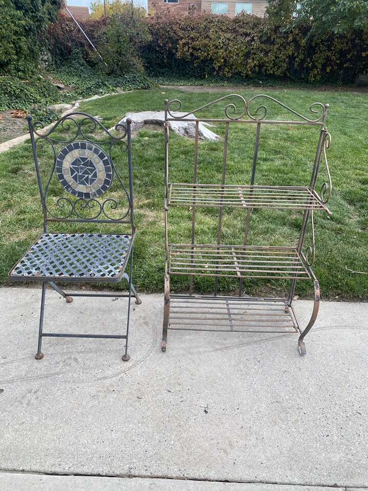 Wrought Iron 3-Tier Bakers Rack & Chair Set