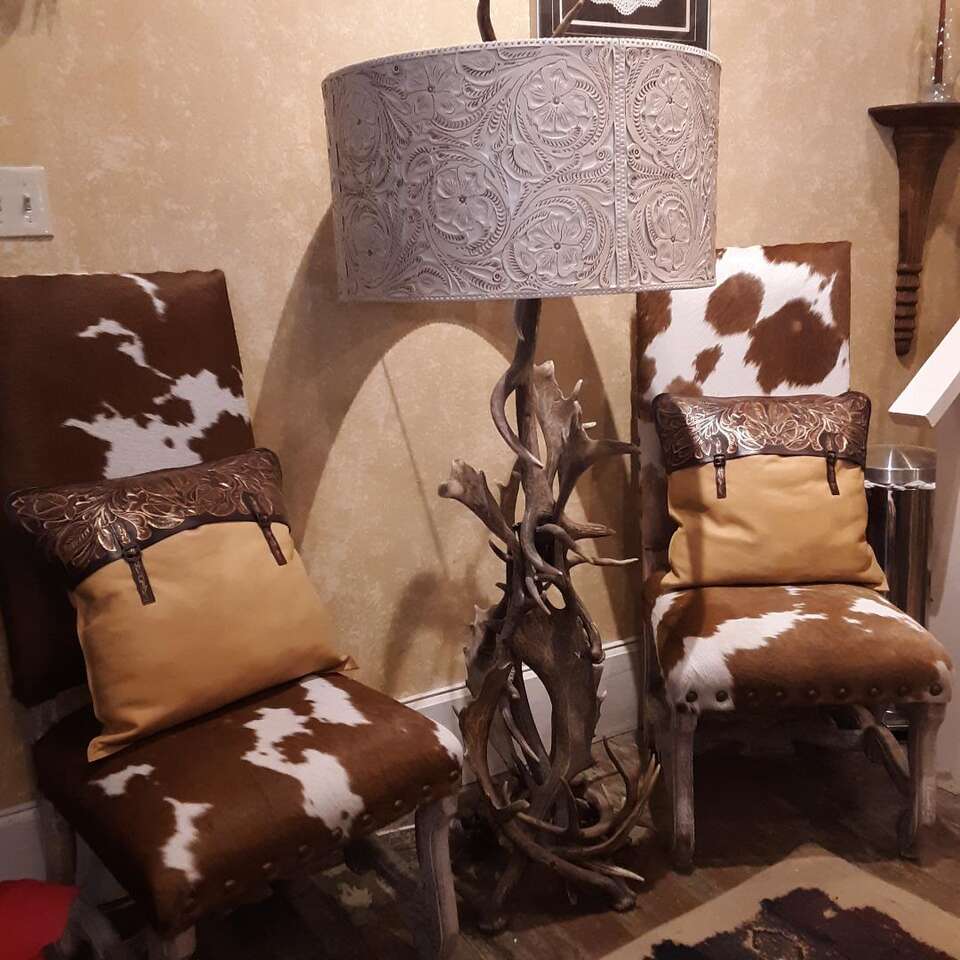 AMAZING ANTLER FLOOR LAMP CARIBOU, ELK & DEER HAND TOOLED LEATHER SHADE