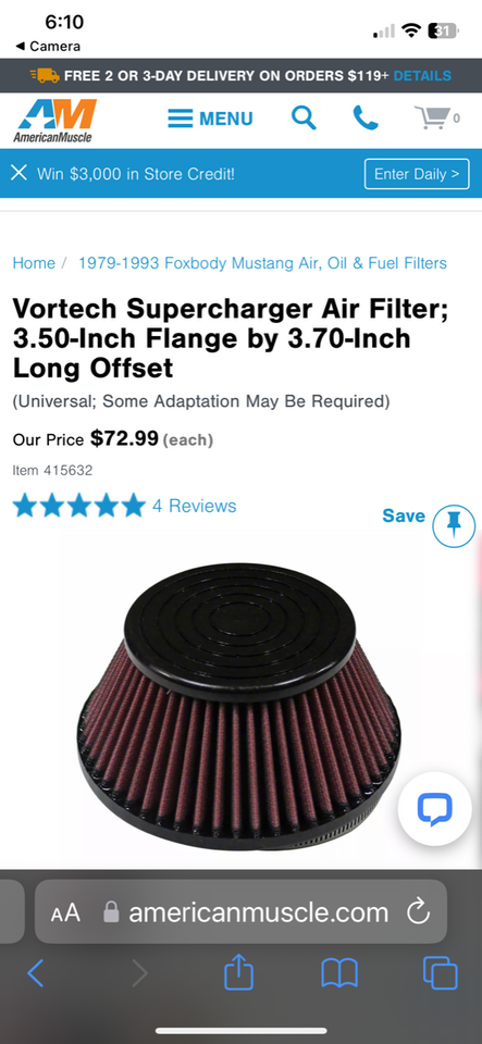 Vortech Supercharger Ait Filter: 3.50-inch Flange by 3.70-inch long offset - NEW