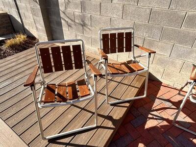 4 Vintage Aluminum Chairs Redwood Slat Wood Patio Furnature