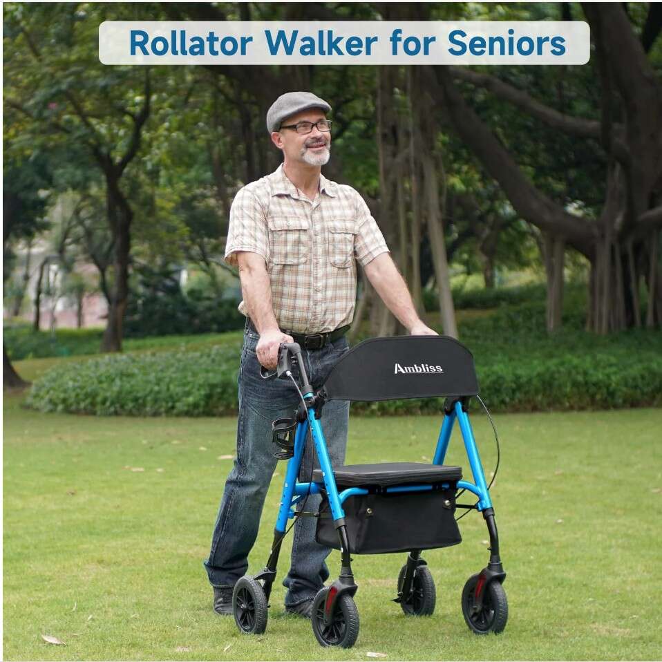 Ambliss Rollator Walker 8" Non-Pneumatic Wheels Rollator Walkers Seniors Seat Blue Aluminim Premium!