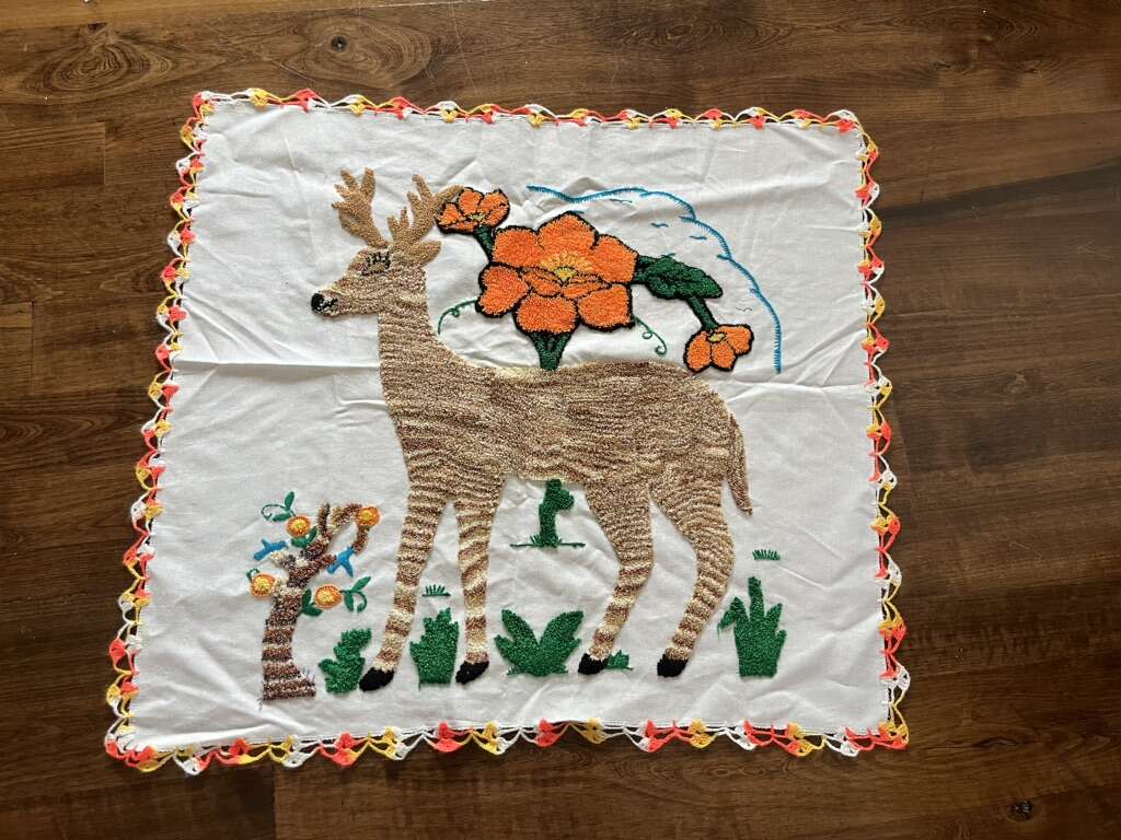 Vintage Embroidered Deer Floral Runner Table Cloth