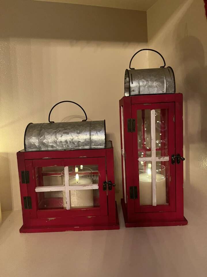 Pottery Barn Lanterns Red And White $35 Each
