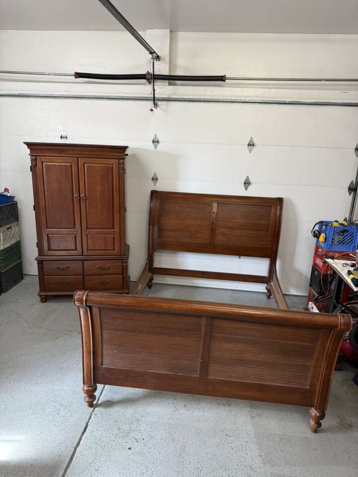 Cherry Wood Armoire And Sleigh Bed Queen Sized Set