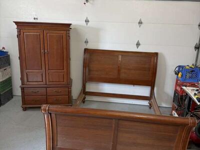 Cherry Wood Armoire And Sleigh Bed Queen Sized Set