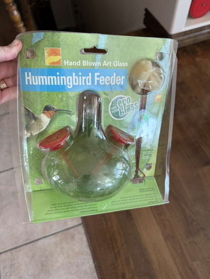 New! Hand blown art glass hummingbird feeder