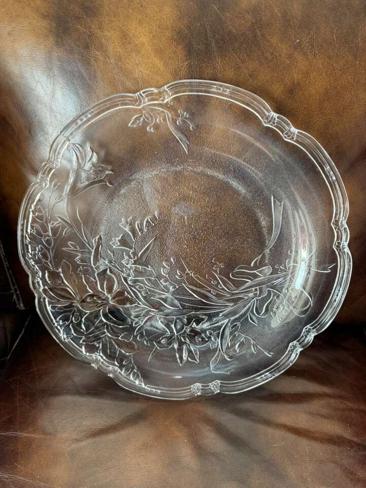 Crystal Glass Large Platter With Flowers 15 Wide