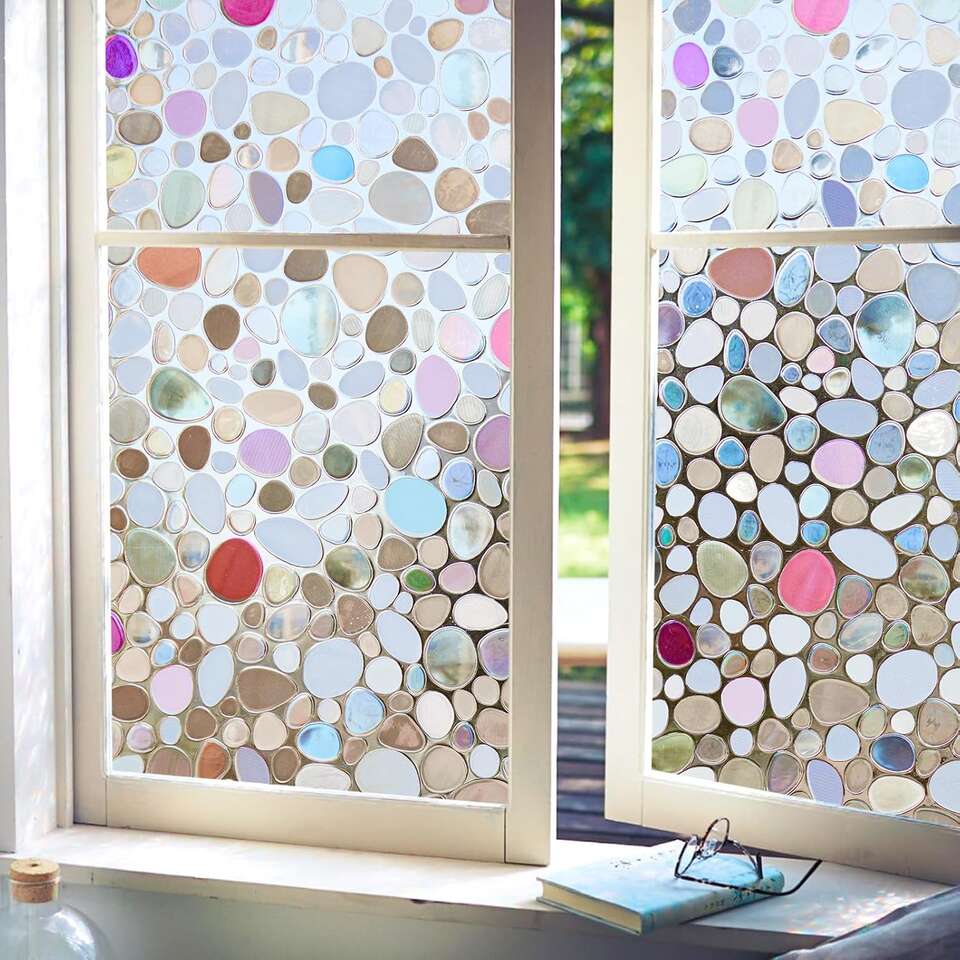 Stained Glass Window Privacy Film：3D Pebble Decorative Rainbow Film Easy Install Non-Adhesive  23.6"x118"