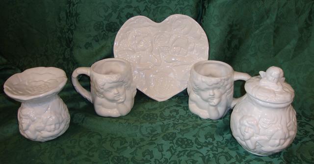 5 Pieces Plus Lid- White Valentine Angel Cups, Heart Plate / Dishes And Candle Holder Set