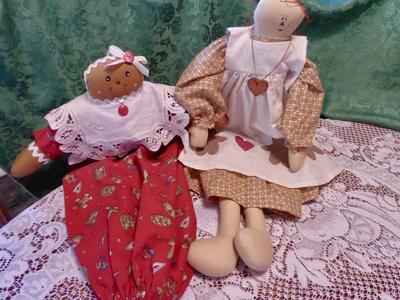 Two Sweet Handmade Ginger-Bread Fabric Cloth Raggedy Ann Type Dolls For Fun Year Round Decor