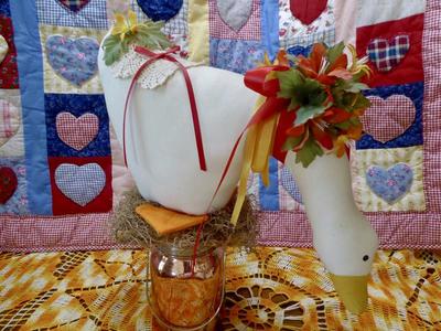 2 Separate Vintage Handcrafted Muslin Cream Colored Fabric Ducks For Fun Fall Or Spring Decor