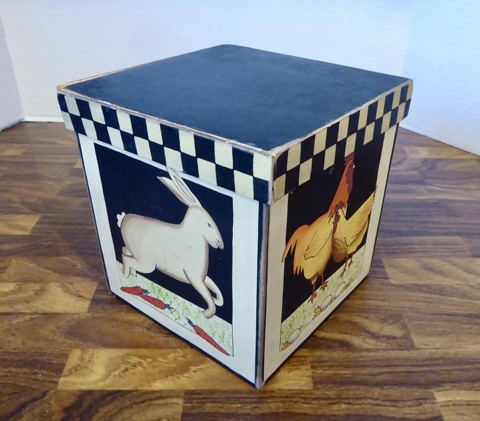 Folk Art Wood Tole Painted Rustic Farm Animal Trinket Or Jewelry Box-With A Rabbit, Pig, Chickens And Sheep