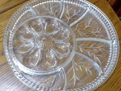 2 Vintage Indiana Glass Pebble Leaf Relish / Deviled Egg Plates -Great For EASTER, Thanksgiving, Christmas Parties