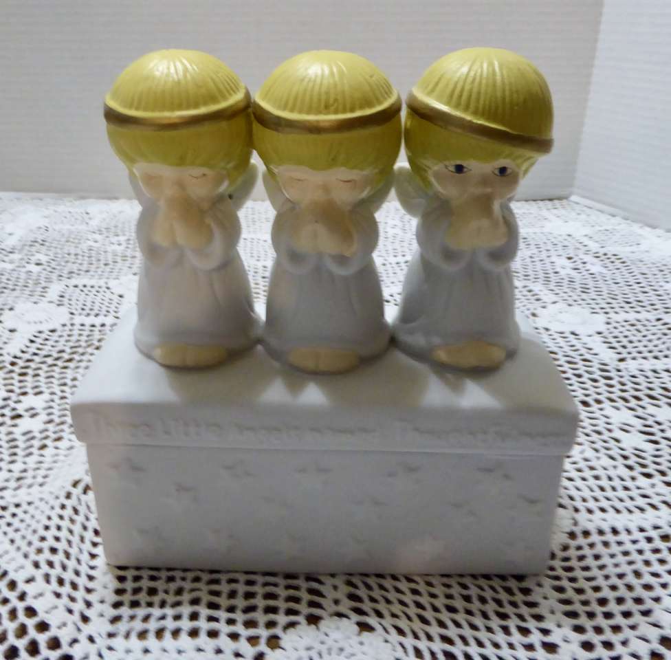Three Sweet Angel Ceramic Trinket / Jewelry Box - Named Thoughtfulness, Kindness and Caring