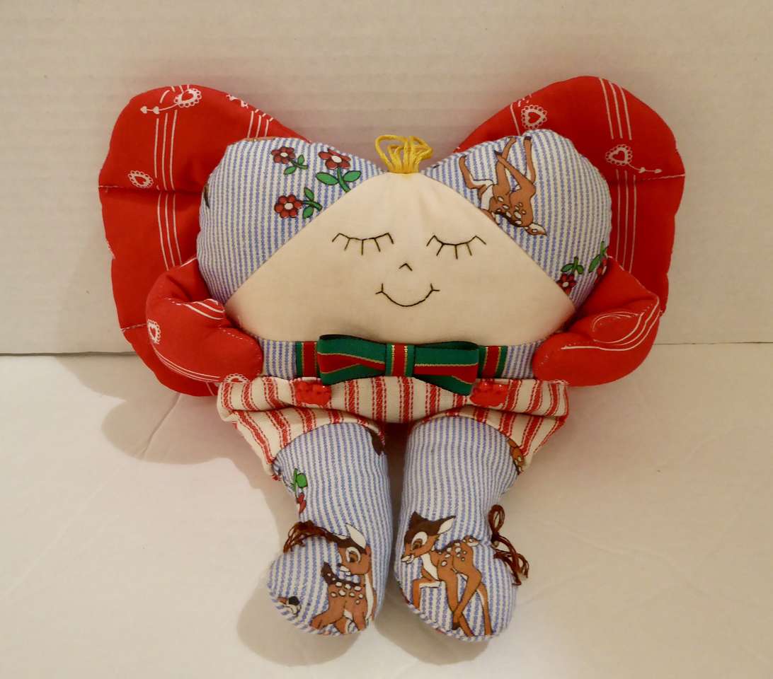 Really Sweet Vintage Fabric / Cloth Tooth Fairy Angel Heart Shaped Doll With A Small Pocket For Fun Treasures