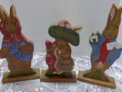 Set Of Three Darling Folk Art Hand Painted Wooden Rabbits For Fun Easter Or Year Round Decor