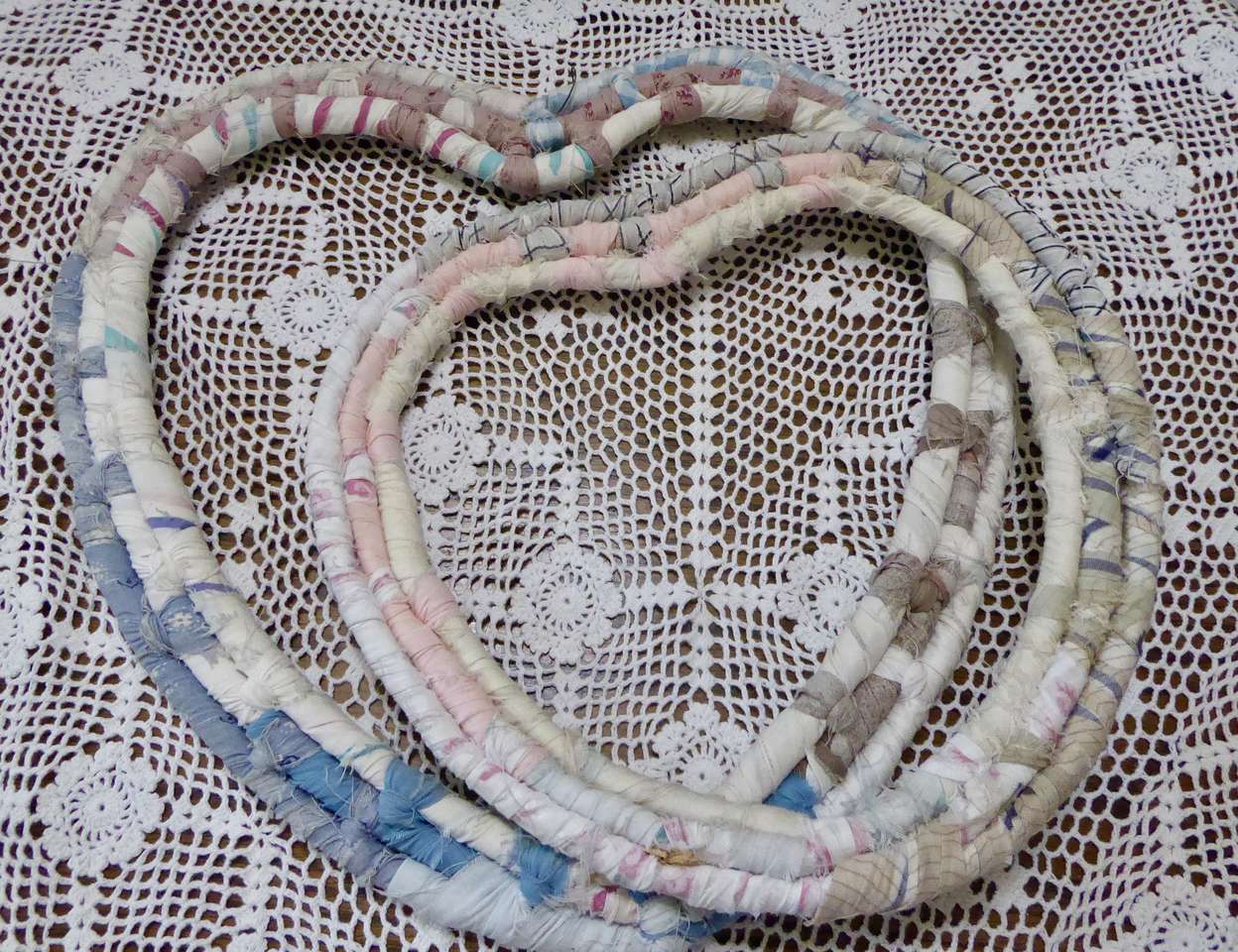 Set Of Two Vintage Metal Wrapped Rag Fabric Heart Wreaths For Hanging Onto A Wall For Fun Country / Primitive Decor