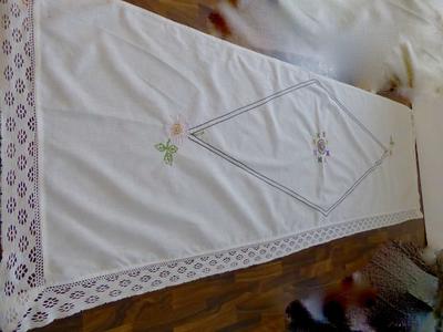 Antique / Vintage Handmade White Cotton Fabric - Embroidery Designs Lace Scarf For Covering A Long Dresser, Piano, Cedar Chest