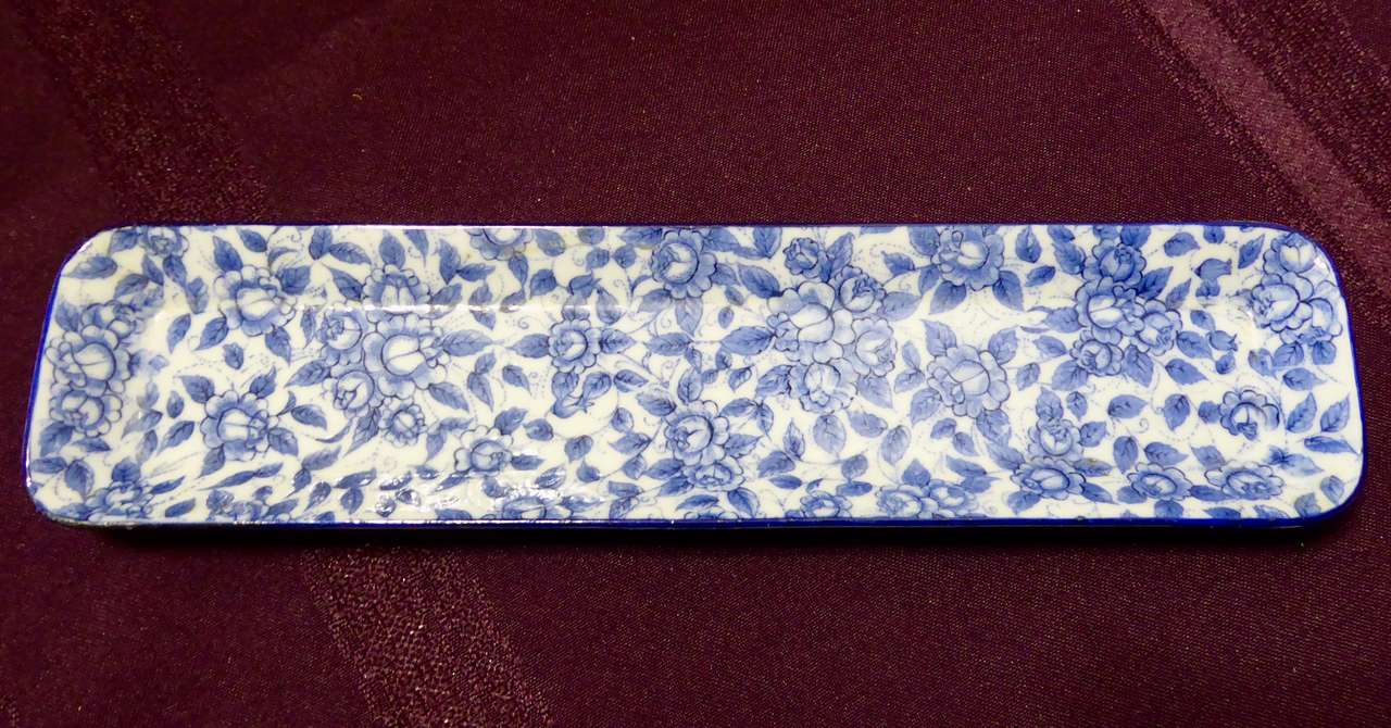 9 1/2 Inches Vintage Ceramic Blue / White- Butter / Cracker Dish - With Flowers Decor