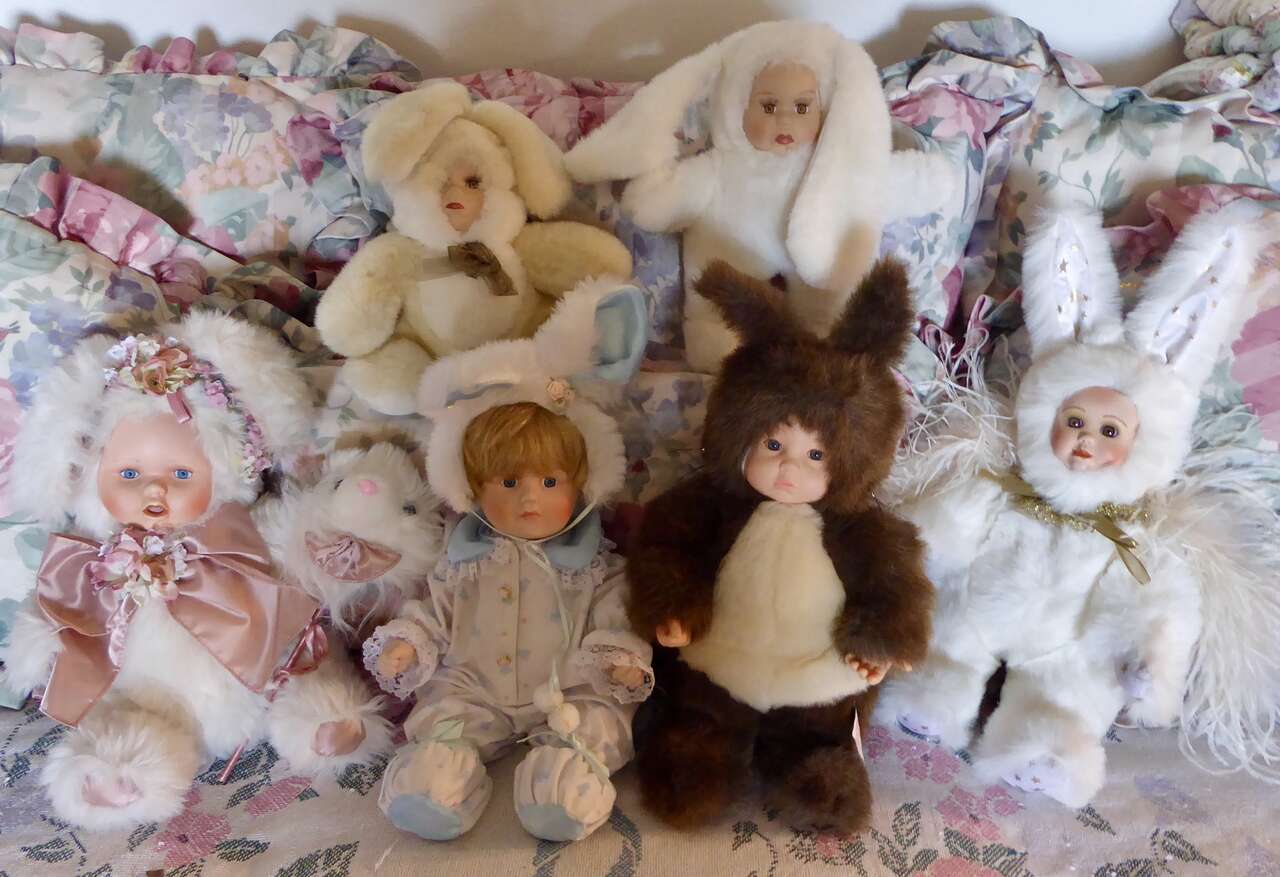 Several Rabbit Dolls W/ One By Marie Osmond And Anne Geddes W/ Porcelain Or Vinyl Faces - Faux Fabric Fur