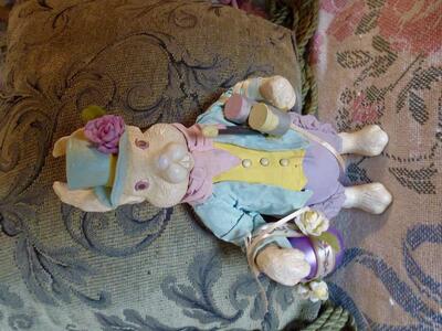 VINTAGE WHIMSICAL 11 1/4 Inches Tall Easter Bunny Rabbit- Holding a Decorated Glass Egg-All Decked Out For Easter Fun