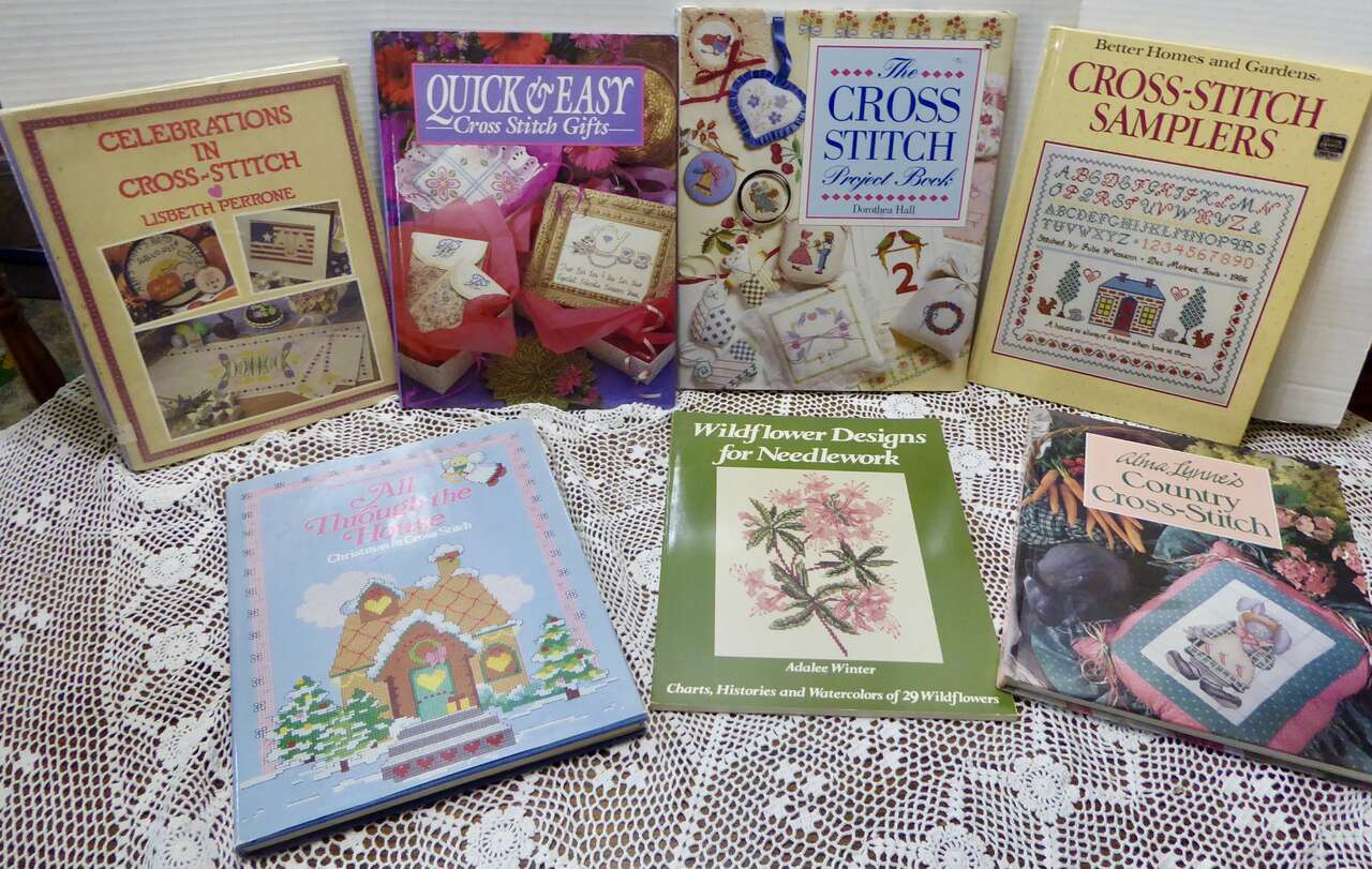 Several Vintage Cross Stitch And Embroidery Books Filled With Lots Of Fun Ideas