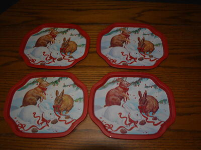 Set Of Four ( 4 ) Christmas Tin Trays For Fun Treats With Rabbit Decor