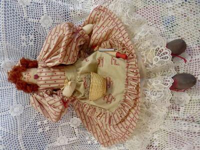 Vintage 19 1/2 Inches Tall Handmade Primitive Looking Stuffed Raggedy Ann Type Fabric Doll In Reds And Creams For Fun Decor