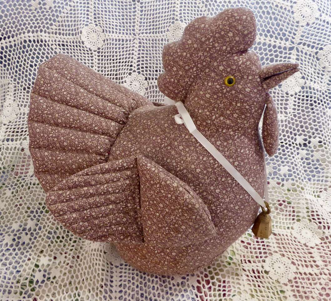 Vintage Hand Made Cream And Brown Fabric Chicken / Turkey With Quilted Wings And Tail Feathers A Brass Bell For Fun Decor