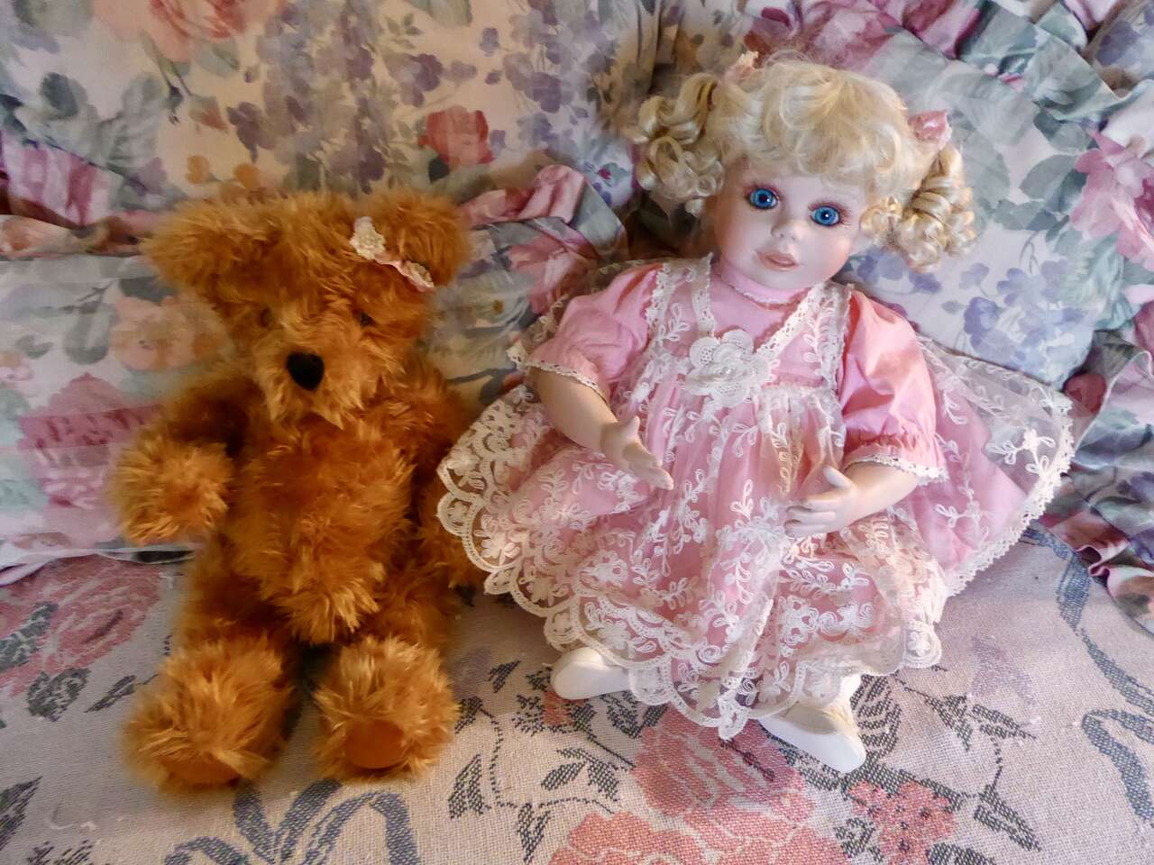 Collectible Marie Osmond Peek A Boo Porcelain 24 In. Doll / Fluffy Stuffed Fake Fur Bear By- ANNETTE FUNICELLO W/ Certificates