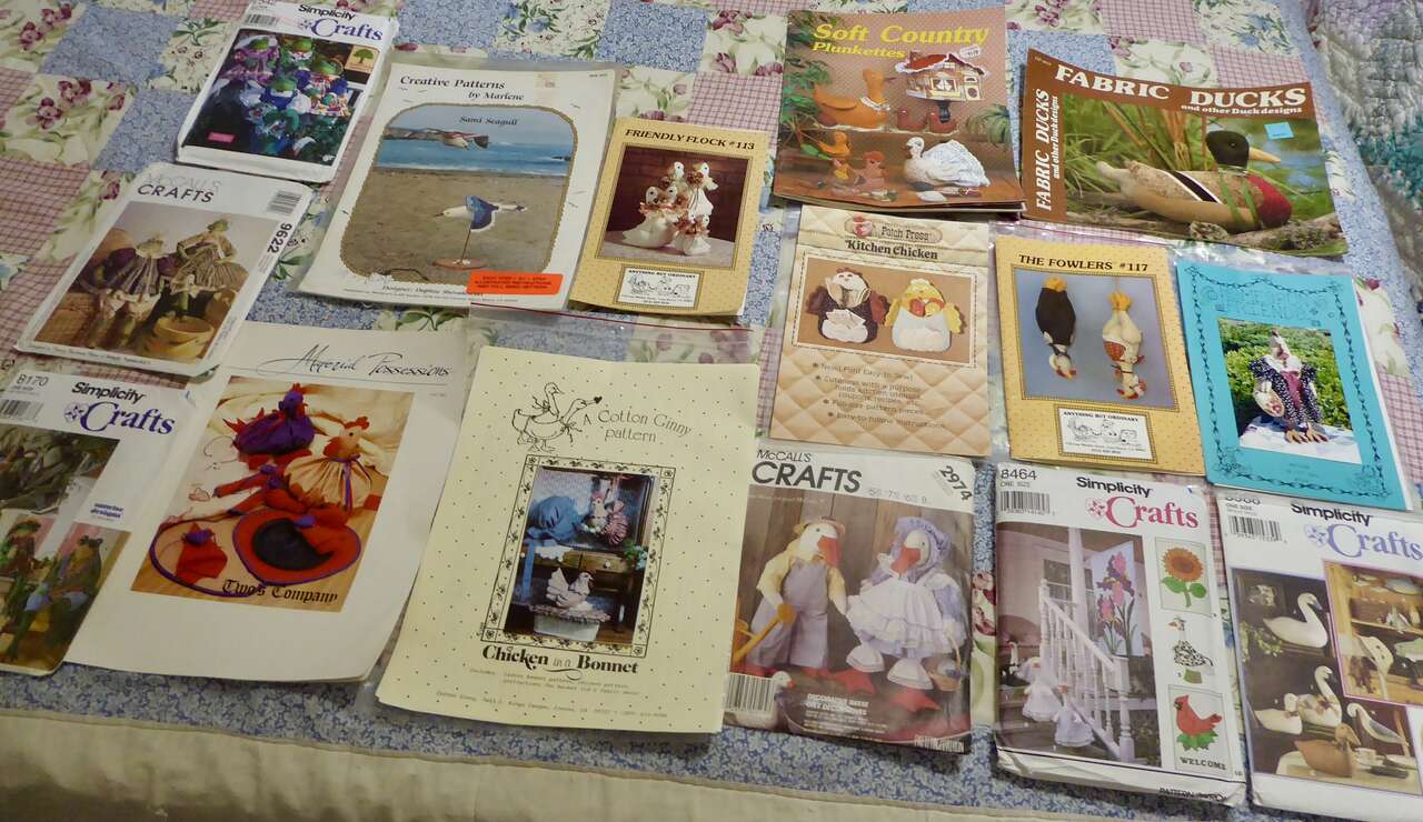 Several Really Fun Sewing Patterns To Make Fabric Frog Dolls, Turkeys Chickens Ducks Seagulls A Ladies Bonnet And More