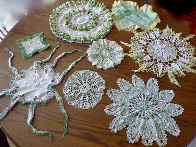 Several Assorted Antique Vintage Crochet Doilies In Greens