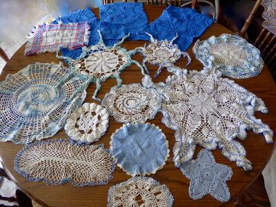 Several Assorted Antique Vintage Crochet Doilies In Blues-