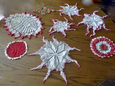 Assorted Antique Vintage Crochet Doilies In Reds-