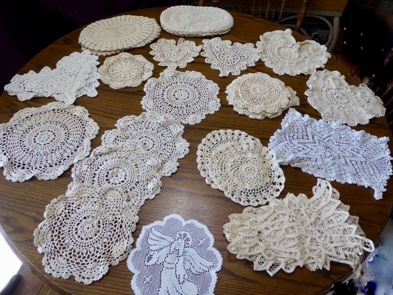 Several New And Never Used Crochet Cotton Doilies With Some Hearts, Angels And More - Few White - Most Ecru