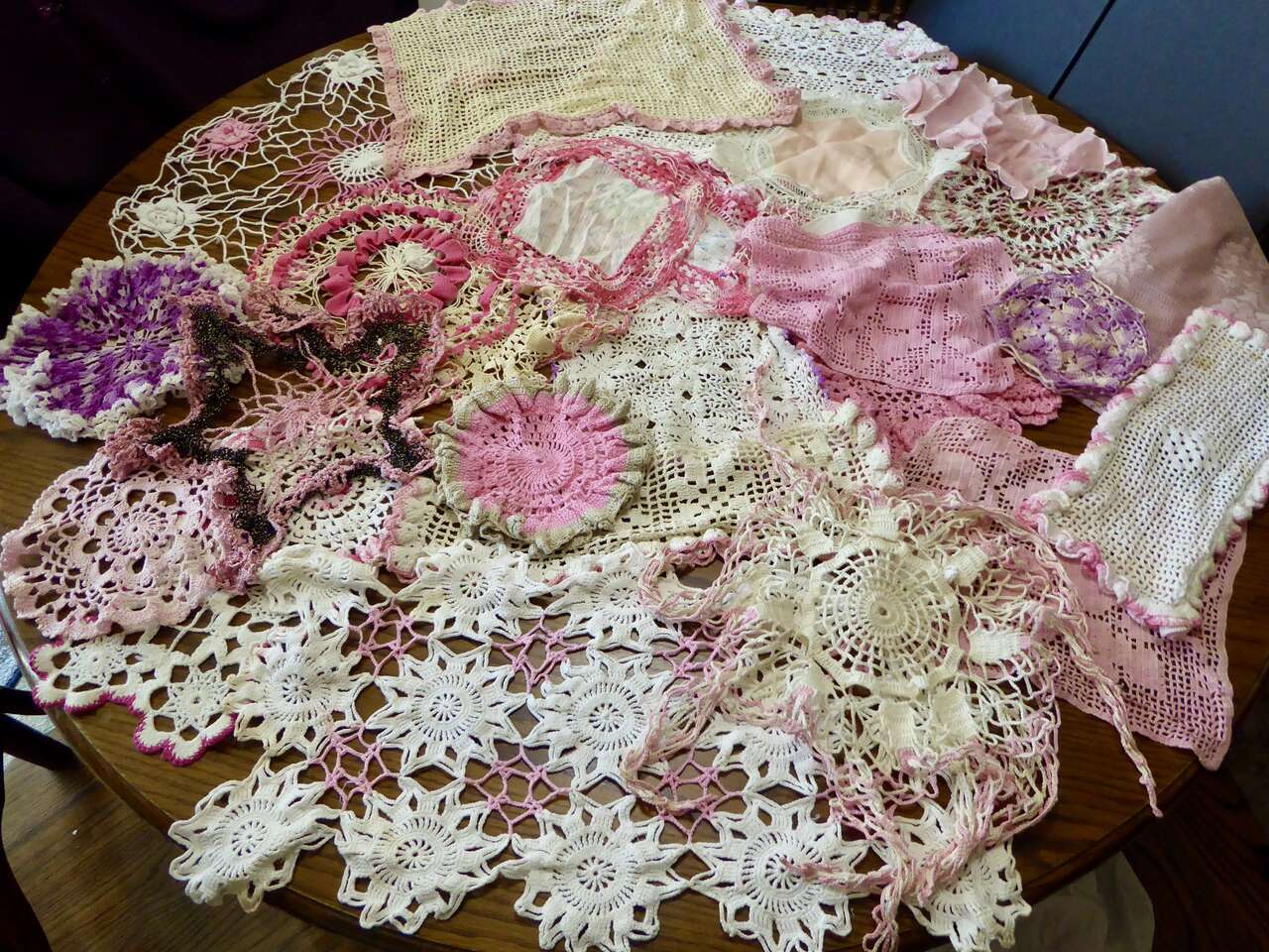 SEVERAL Assorted Really Pretty Antique Crochet Doilies In Pinks AND Purples