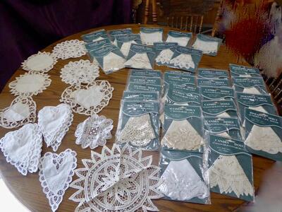 Several Sizes / Shapes Of Battenburg Crochet Lace Doilies In Brand New Condition- Mostly Cream Colored -With White Hearts