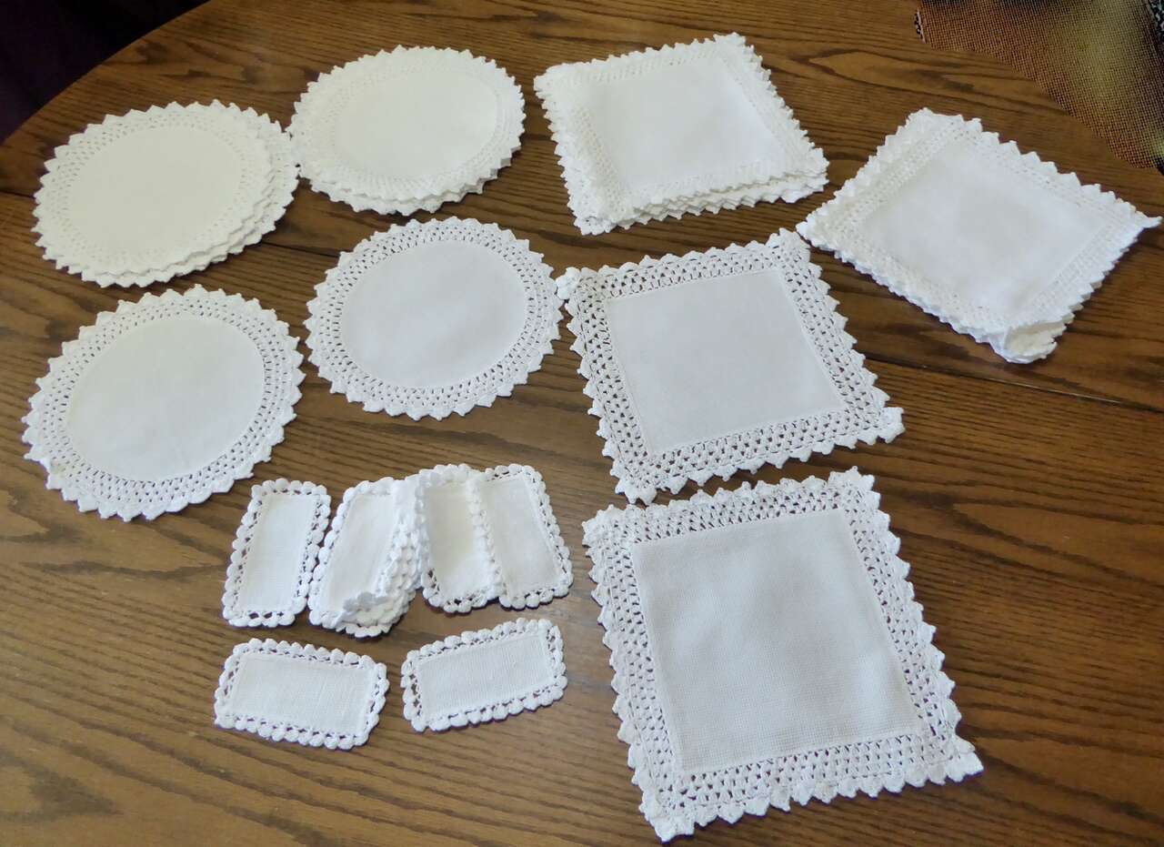 Three Different Sizes And Shapes Of Beautiful New White Doilies With Crochet Edges With An Aida Cloth Center To Do Embroidery