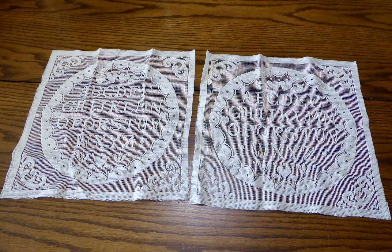 Two Separate Really Pretty Cream Colored ABC Alphabet Fabric Lace 12 Inch Squares For Pillows, Quilts, Wall Decor