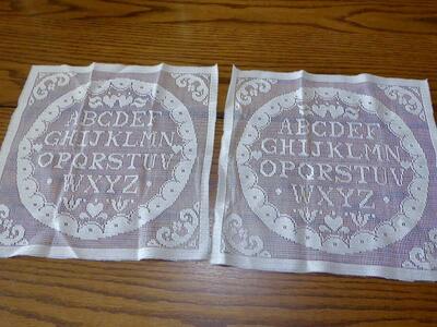 Two Separate Really Pretty Cream Colored ABC Alphabet Fabric Lace 12 Inch Squares For Pillows, Quilts, Wall Decor