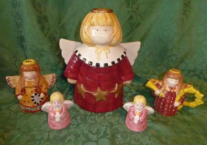Debbie Mumm Angel - Cookie Jar- Sugar -Creamer Salt And Pepper Shakers Set- For Christmas Or Valentines Or Year Round