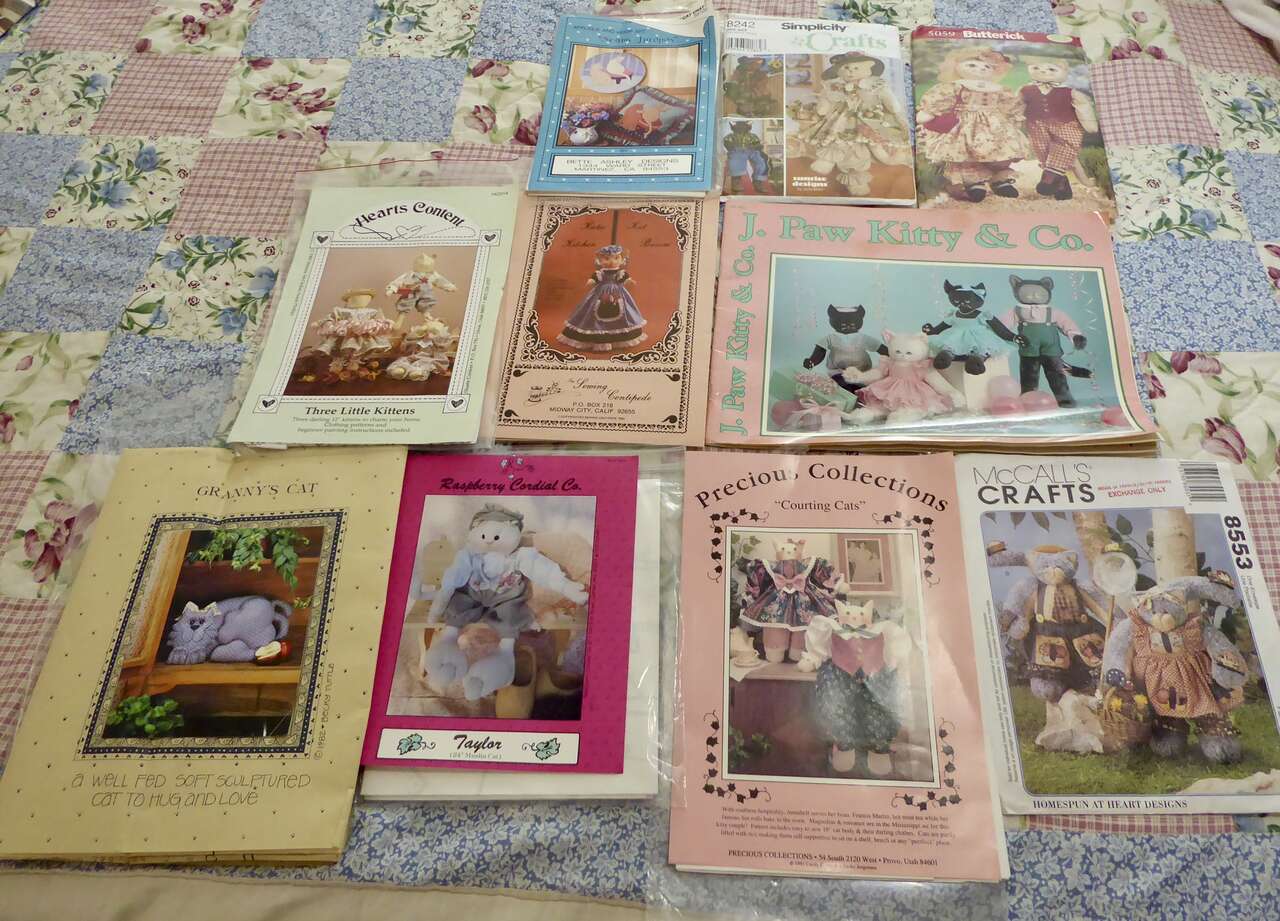 Assorted Really Fun Cat / Kitten Doll Craft Patterns For Sewing With Fabric