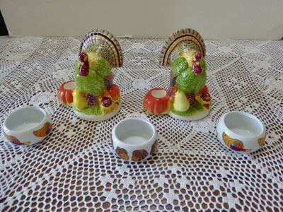 Set of 2 Ceramic Turkey Candle Holders Plus 3 Ceramic Votive Candle Holders For Fun Thanksgiving Holiday Decor