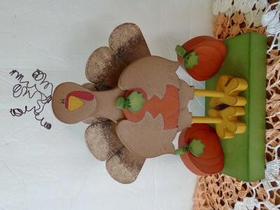TOLE PAINTED WHIMSICAL WOODEN TURKEY WITH PUMPKINS SHELF OR THANKSGIVING / FALL TABLE DECOR