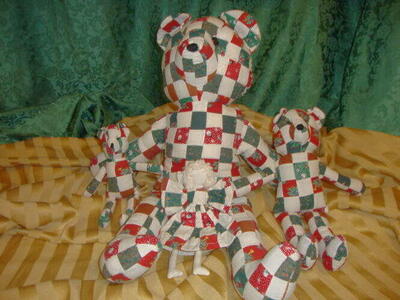 Set of Three ( 3 ) Christmas Fabric Bears And One ( 1 ) Matching Angel Stuffed Fabric Doll For Fun Holiday Decor