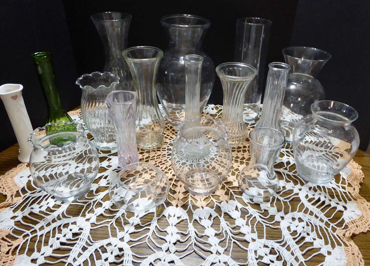 Several Very Pretty Vintage Glass Flower Vases And More In Various Sizes And Shapes