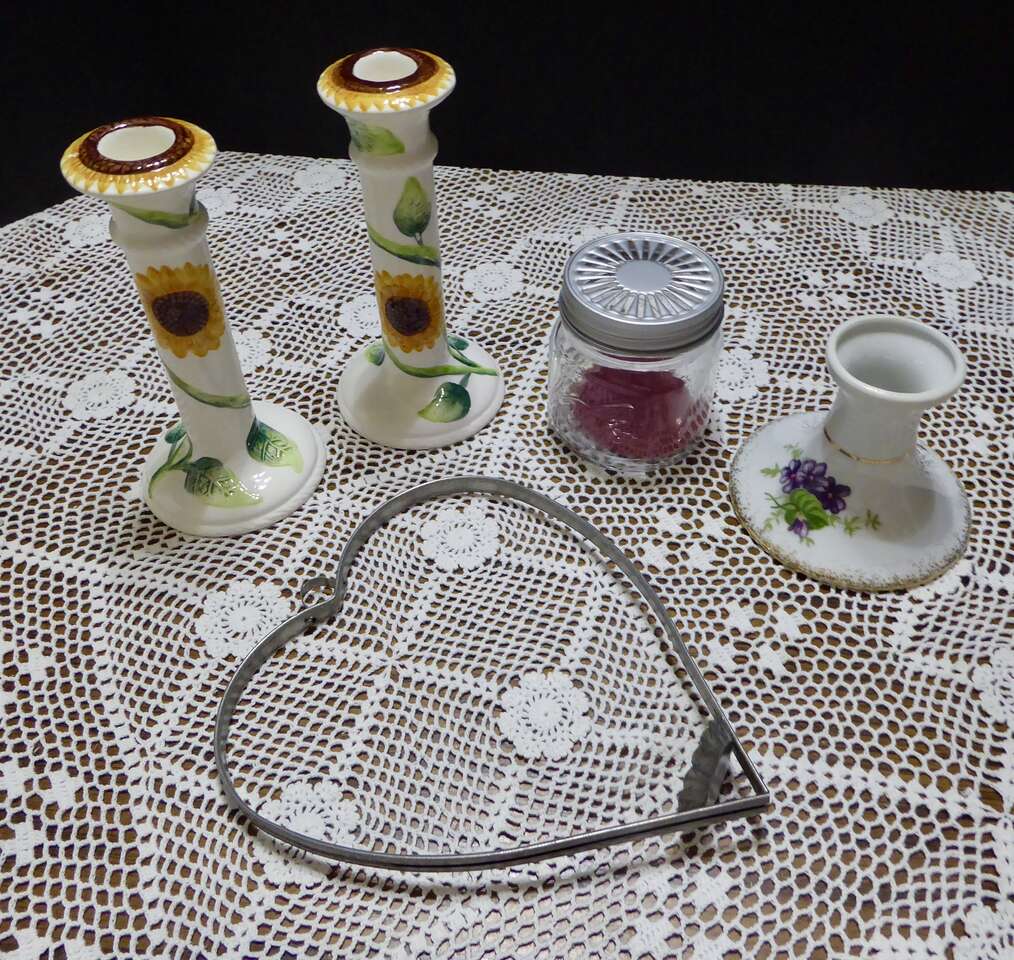 Several Vintage Candlestick Holders- Ceramic, Tin, Glass With Sunflowers And Purple Flowers And More
