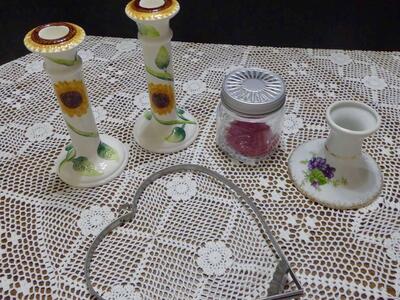 Several Vintage Candlestick Holders- Ceramic, Tin, Glass With Sunflowers And Purple Flowers And More