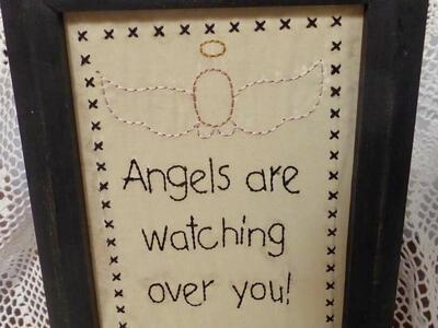 Framed Antique / Primitive Looking Fabric Angel Embroidery Sampler Art Picture W Hook For Hanging Onto A Wall